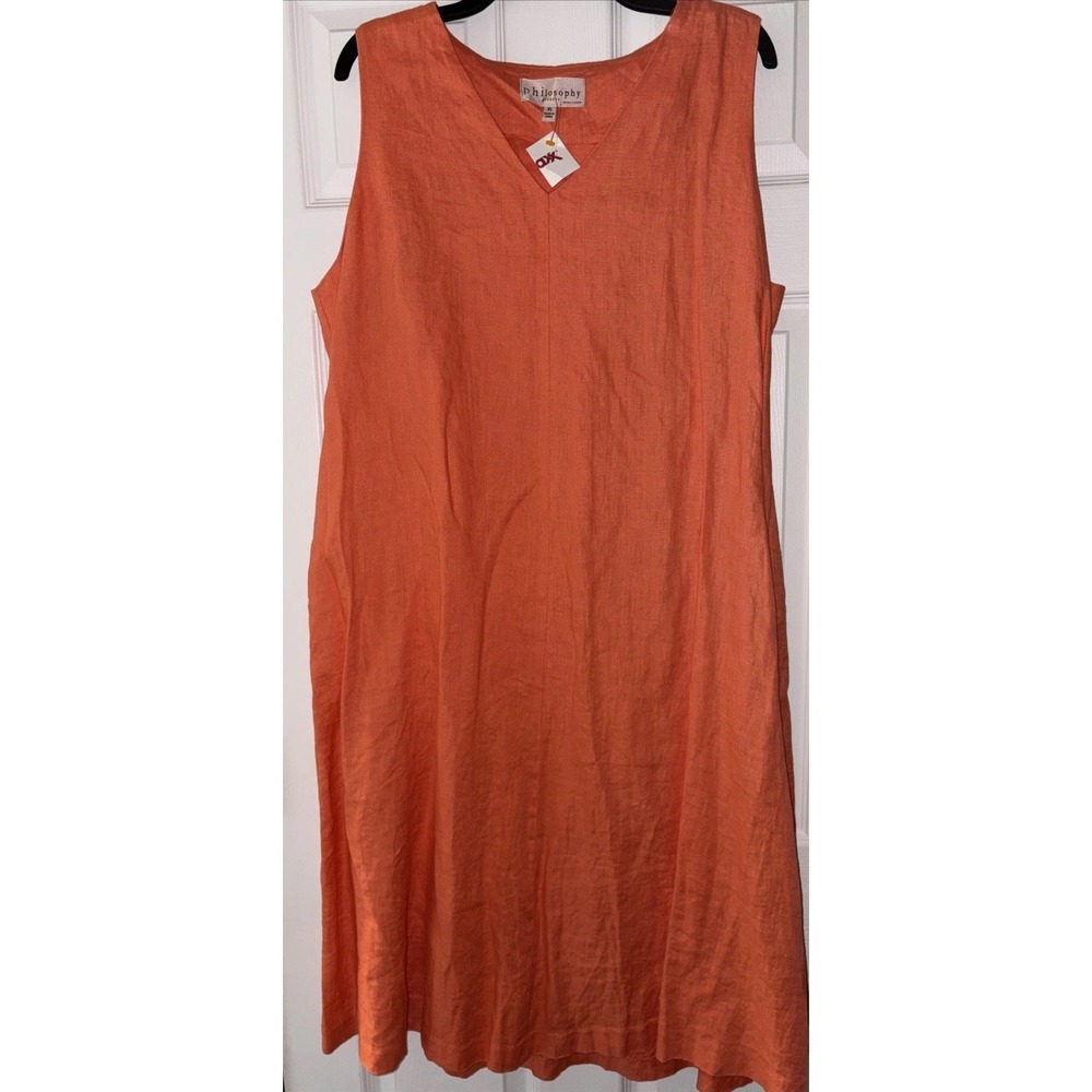 Philosophy Linen Swing Midi Dress with Flowy Hem Womens XL Orange V-neck Pockets